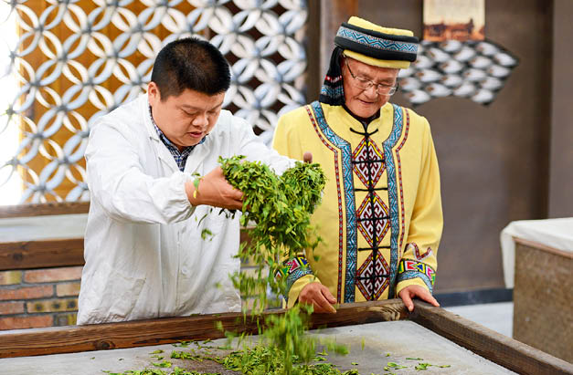 杨胜伟（右）和蒋子祥一起做手工恩施玉露。（提供者：恩施州茶产业协会）.jpg